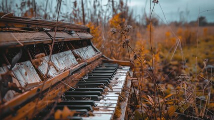Abandoned piano in autumn field.