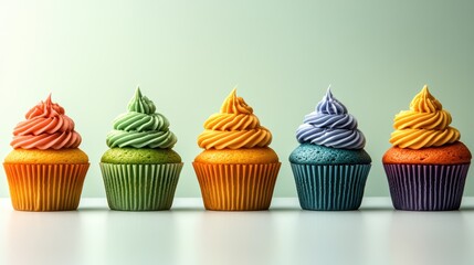 Row of five vibrant cupcakes with colorful frosting in pink, yellow, and blue, against a light gray background.