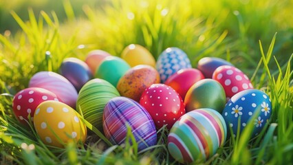 Fototapeta premium Colorful Easter eggs nestled in green grass with space for text, Easter, eggs, grass, colorful, spring, holiday