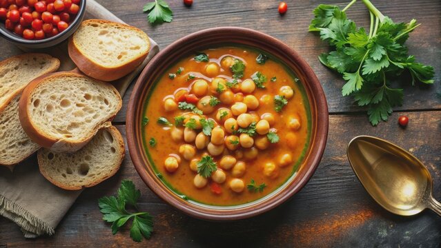 Traditional Tunisian chickpea soup served with bread and topped with olive oil and harissa, Lablabi, Tunisian