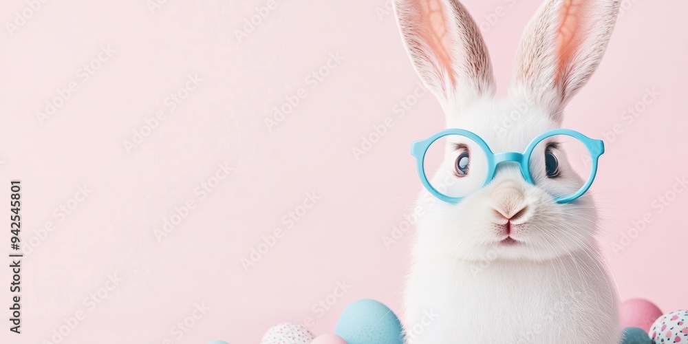 Canvas Prints white rabbit popping out of a paper hole, surrounded by colorful easter eggs and confetti on a paste