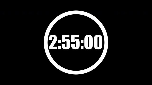 3 Minute countdown timer in a circle. White numbers on black background. 3 minute countdown. Digital countdown. 4K motion count down timer.