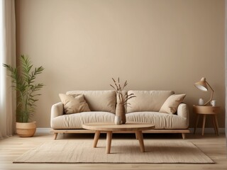 Minimalist Living Room Interior with Beige Sofa, Wooden Table, and Natural Elements
