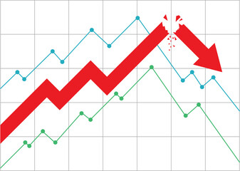 broken red arrow business graph going down with grid in background followed by two line graph represent loss