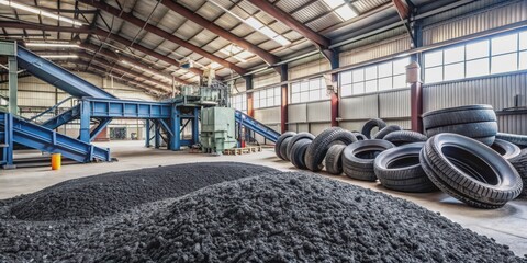 Tyre recycling plant with crumb rubber systems, machinery for processing rubber, piles of shredded tyres