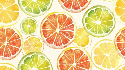 Seamless pattern of watercolor citrus slices in orange, lemon, lime, and grapefruit colors on a white background. Fresh, vibrant, and zesty fruit design.