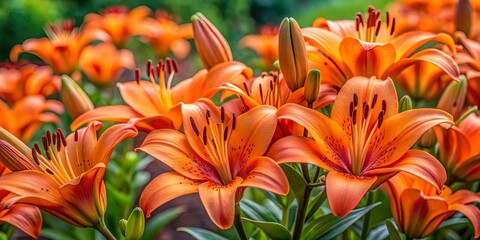 Fototapeta premium Vibrant cluster of orange lilies in full bloom in a summer garden setting