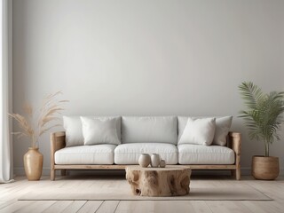 Minimalist Living Room with White Sofa and Wooden Coffee Table