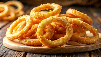 Close up of crispy golden fried onion rings, perfect appetizer or snack option for fast food lovers