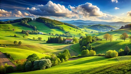 Fototapeta premium Idyllic countryside scene with lush green hills and a vibrant blue sky