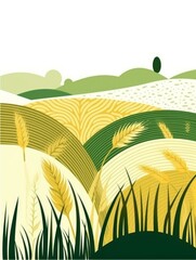 Organic Rice Packaging Design: Minimalist Anime-Style Illustration of Green Wheat Fields on White Background. Elegant Agricultural Marketing Template with Cotton Texture and Copy Space for Seasonal Pr