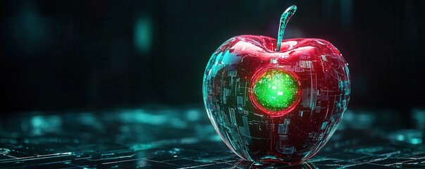 Poisoned apple with a digital core, glowing green and red, Surreal, dark, vibrant, detailed