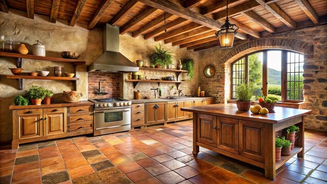 of a rustic Tuscan kitchen with terracotta floors and stone accents