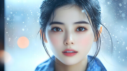 Close-up portrait of a young woman with snow falling around her.