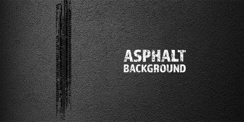 Black grunge tire tracks, wheel braking marks. Truck, car or motorcycle tread pattern silhouettes. Auto race, motorsport, speed racing design element. Asphalt texture. Vector illustration