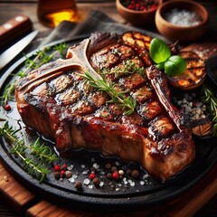 T-bone steak closeup grilled and cooked with herbs very delicious