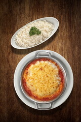 Filet Mignon Parmigiana with white rice