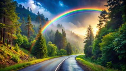 Misty road winding through lush forest with vibrant rainbow in the distance, showcasing nature's beauty