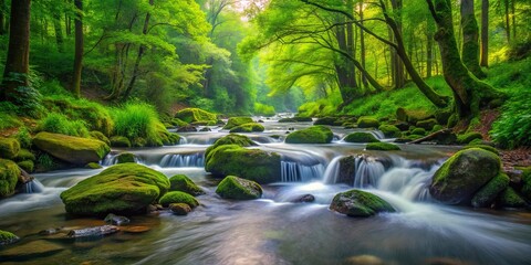 Tranquil stream flowing through lush forest scenery, with water cascading gently over rocks surrounded by trees and vibrant green foliage