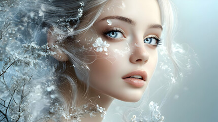 Close-up portrait of a young woman with white flowers and delicate wispy hair.