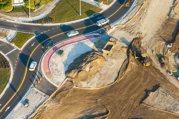 Roundabout intersection construction in North Port, Florida. Development of American road circle...