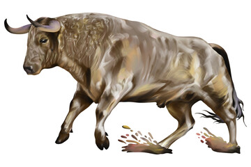 Watercolor painting of cow bull isolated on whte background.