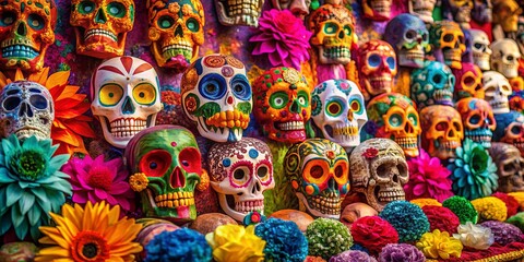 Fototapeta premium Vibrant Day of the Dead celebration with colorful paper mache decorations in Mexico
