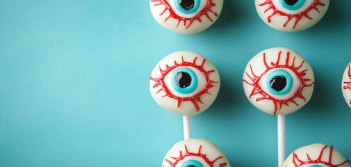 Cake pops designed as spooky eyeballs, with colorful irises and red candy veins halloween cake pop concept.