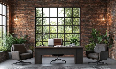 Modern office interior in loft, industrial style, 3d render
