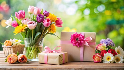 Obraz premium Mother's Day celebration with colorful flowers, gifts, and cards, Mother's Day, celebration, flowers, gifts, cards