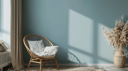 A wicker chair with white cushions sits in a room with blue walls and a vase of pampas grass.