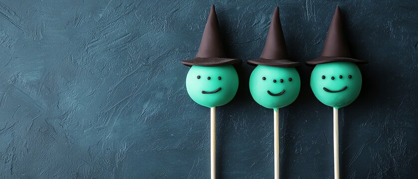 Cake pops designed as witches, with pointed hats, green faces, and candy broomsticks halloween cake pop concept.