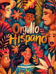 Colorful poster with Orgullo Hispano text, decorative traditional Hispanic art