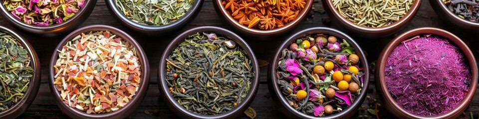 Close-up image featuring an assortment of tea flavors and herbs arranged on a table.