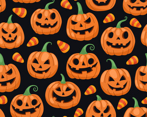 Halloween seamless pattern with halloween pumpkins. Different halloween pumpkins and corn candies, black background. Jack-o-lanterns. Design for wrapping paper, textile.