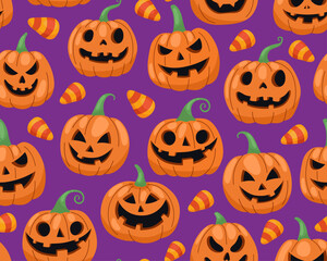 Halloween seamless pattern with halloween pumpkins. Different halloween pumpkins and corn candies, purple background. Jack-o-lanterns. Design for wrapping paper, textile.