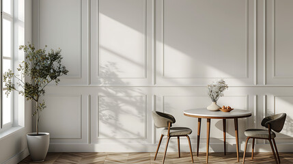 Fototapeta premium A minimalist dining room with a round table and two chairs, with a potted plant and sunlight streaming in the window.