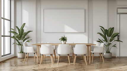 Fototapeta premium A modern dining room with a long wooden table and white chairs, surrounded by potted plants. The room has a white wall with molding and a large blank canvas above the table.