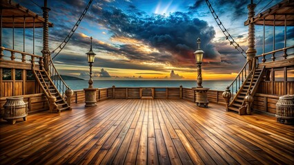 Naklejka premium Empty pirate ship deck background for theater stage scene, Pirate ship, deck, background, theater, stage, scene, prop
