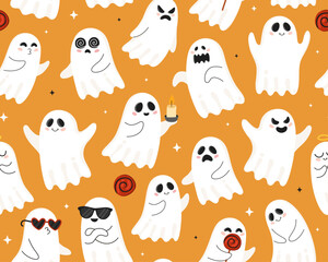 Halloween seamless pattern with cute cartoon ghosts. Halloween characters, candies, orange background. Design for wrapping paper, textile.