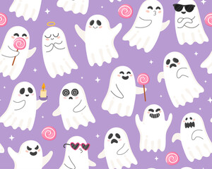 Halloween seamless pattern with cute cartoon ghosts. Halloween characters, candies, purple background. Design for wrapping paper, textile.