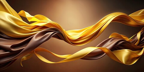 Beautiful background of chocolate and caramel colors with developing the wind yellow ribbons and coffee-colored fabric