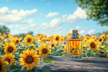 A detailed 3D render of a perfume glass bottle amidst a vibrant field of sunflowers under a clear blue sky. The bottle is positioned on a rustic wooden table, with sunflowers framing it. The bright