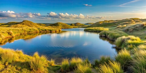 Fototapeta premium A tranquil pond nestled within the dunes of the Dutch coast in Zandvoort , Zandvoort, Netherlands, pond, dunes, coast