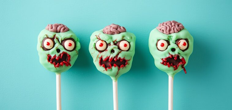 Cake pops shaped like zombies, with green icing, exposed brains, and candy eyes halloween cake pop concept.