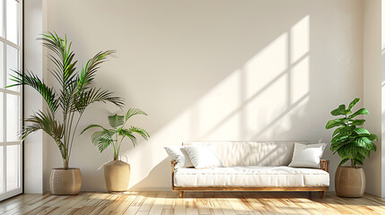 A minimalist living room with a white sofa, wooden floors, and large windows. There are potted plants in each corner, adding a touch of nature.