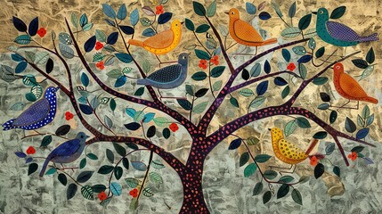 Textured Background: Brightly Colored Traditional Gond Folk Art of Birds in a Tree from India