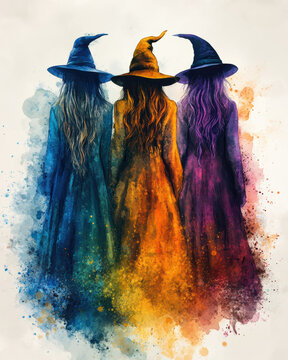 Three vibrant witches in colorful robes and hats, blending magical elements with a vivid artistic splash.
