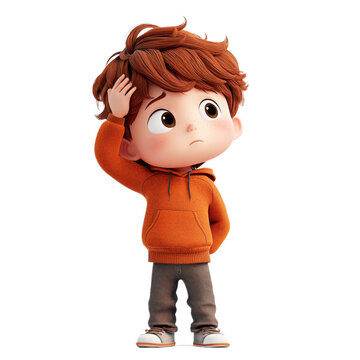 D Cartoon Boy Character  Confused  Thinking  Scratching Head  Looking Up