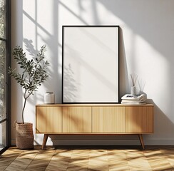 Mockup frame in farmhouse living room interior, 3d render
